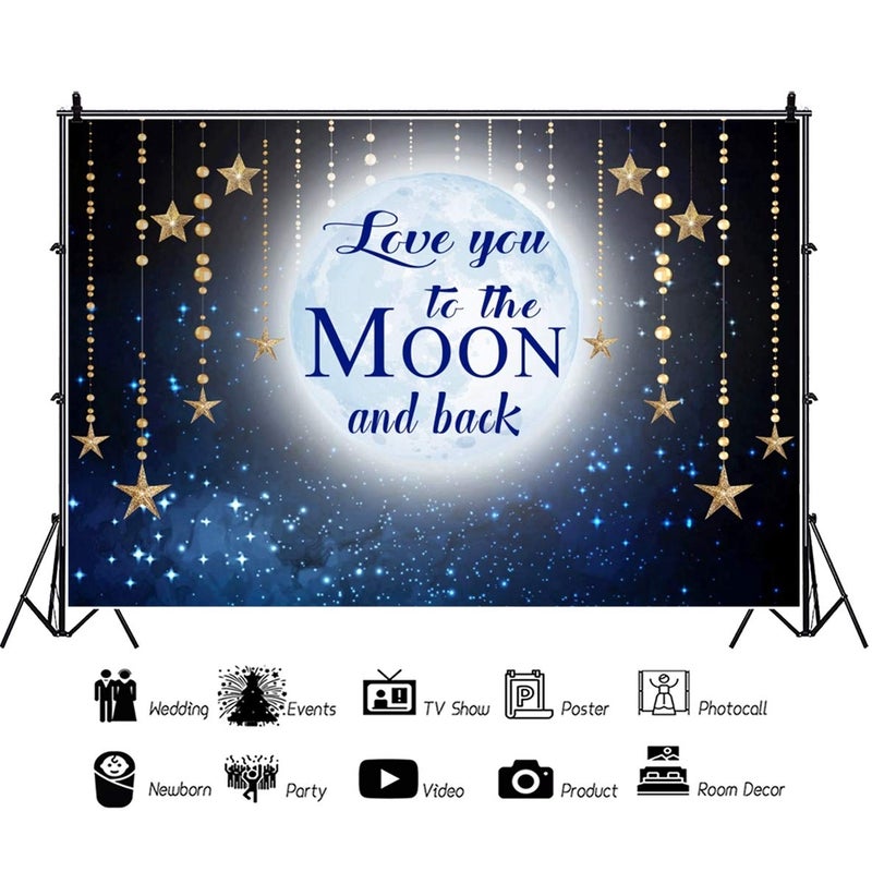 DORCEV 5x3ft Love You to The Moon and Back Photography Backdrop Blue Night Sky Hanging Golden Stars Background for Kid's Birthday Baby Shower Party Photo Video Studio Props - Image 3
